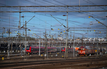 Obraz premium Moderna trains at a railway depot in Stockholm a winter day