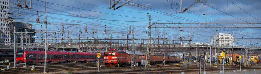Obraz premium Moderna trains at a railway depot in Stockholm a winter day