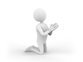 3D illustration of a cartoon man praying god with heads up