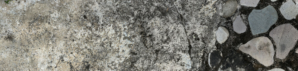 rough wall texture background collection. dirty mossy wall and grey arranged stone surface in panorama. 3d textured background for interior, decoration, wallpaper, etc.