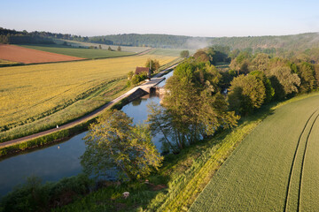 Aerial photograph of the Ravereau lock on the Nivernais and Yonne canal, municipality of Merry-sur-Yonne 89, in the Yonne department, Bourgogne-France-Comté region, France