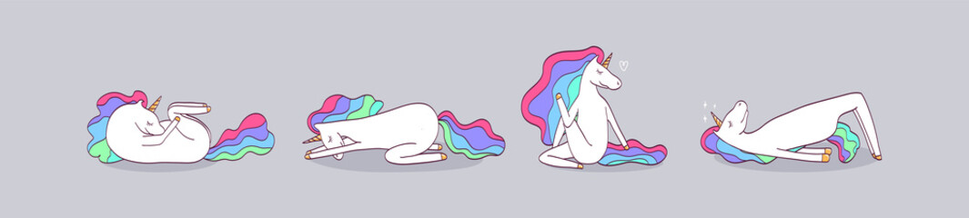 Vector set with stretching exercises by unicorn. Funny rainbow animal doing yoga.