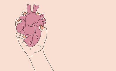 woman's hand holding human heart, illustration 