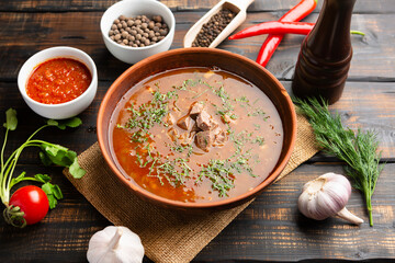 Traditional Caucasian soup Kharcho with meat and spice
