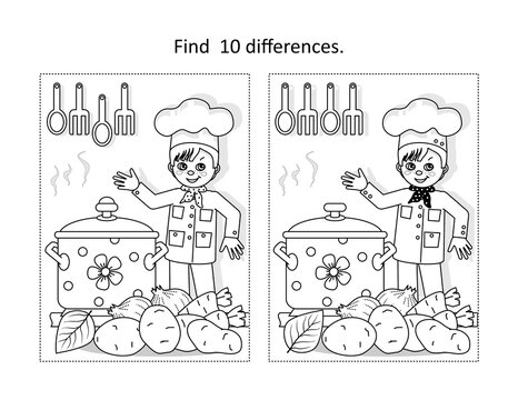 Little chef in the kitchen find the differences picture puzzle and coloring page. Suitable for Thanksgiving Day holiday celebration fun activities.