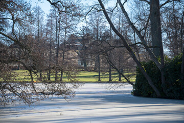 Winter view a cold sunny day at the park on the Drottningholm Island in Stockholm