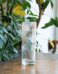 Mid century modern glass vase on a wooden table with plants - scandinavian style