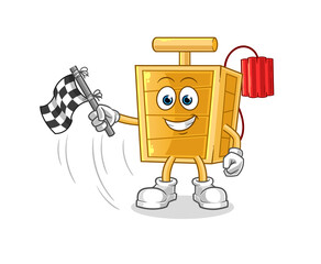 dynamite detonator hold finish flag. cartoon mascot vector