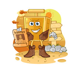 dynamite detonator cowboy with wanted paper. cartoon mascot vector