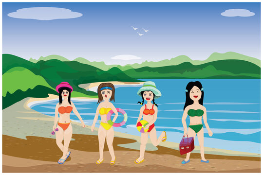 four beautiful woman standing on the sea beach vector design