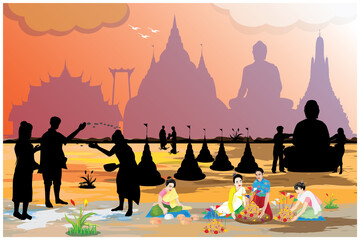 people make beautiful sand pagoda in temple on Songkran festival ,Merit making traditions vector design