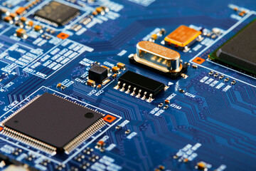Electronic circuit board close up.