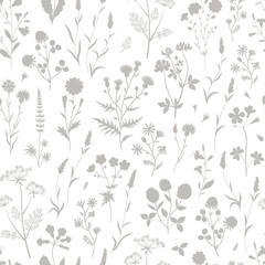 Meadow wildflower silhouette seamless vector pattern. Boho botanical floral neutral grey background. Delicate field flower and herb illustration.