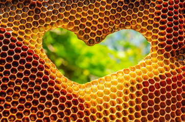 Hexagonal textured honeycomb background close-up. Heart shaped hole in bee frame. Black broun yellow background. Agricultural concept