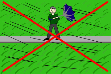 台風の時に田んぼを見に行く高齢男性バツ付き