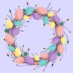 Easter wreath made of willow branches with decorated Easter eggs and flowers. Easter Greeting card