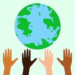 Earth Day greeting card. Save the Earth poster. Hands raised to the globe. Vector eco flyer. Eps 10