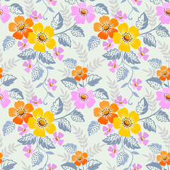 Colorful floral seamless pattern with light blue monochrome background for fabric, textile, and wallpaper.