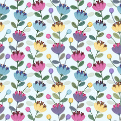 Floral seamless pattern with light blue monochrome background for fabric, textile, and wallpaper.