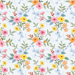 Fototapeta na wymiar Colorful floral seamless pattern with light blue monochrome background for fabric, textile, and wallpaper.
