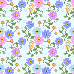 Pink and purple floral seamless pattern with light blue monochrome background for fabric, textile, and wallpaper.