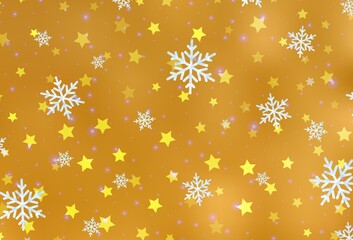 Light Orange vector layout with bright snowflakes, stars.