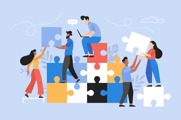 People searching for creative solutions. Teamwork business concept. Modern vector illustration of people connecting puzzle elements - obrazy, fototapety, plakaty