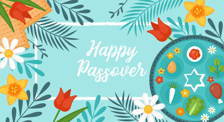 Passover Pesach holiday banner design with matzah, seder plate and spring flowers. Greeting card or seder party invitation template background