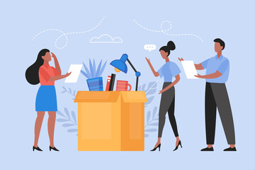 Job loss and crissis unemployment concept. Modern vector illustration with boss dismissing woman employee and office items in box