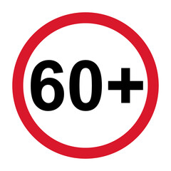 60+ restriction flat sign isolated on white background. Age limit symbol. No under sixty years warning illustration