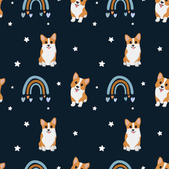 Seamless vector pattern with corgi and rainbow. Trendy baby texture for fabric, wallpaper, apparel, wrapping