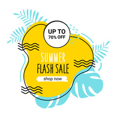 Banner of the summer flash sale. Isolated on white. Seasonal yellow banner with tropical leaves. With a 70 percent discount.