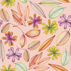 Colorful flowers and leaves on pink background: tender floral wallpaper, spring textile print. Hand drawn with pencils. Seamless pattern.