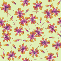 Purple flowers on light-yellow background: tender floral wallpaper, blooming textile print. Hand drawn with pencils. Seamless pattern.