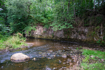 sandstone cliffs on the shore of forest river in Latvia