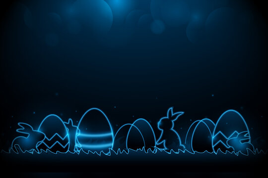 Little bunny with decorated Easter eggs on the grass. Futuristic technology concept in dark and blue light. Vector illustration