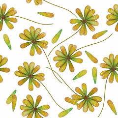 Yellow flowers on white background: tender floral wallpaper, summer textile print. Hand drawn with pencils. Seamless pattern.