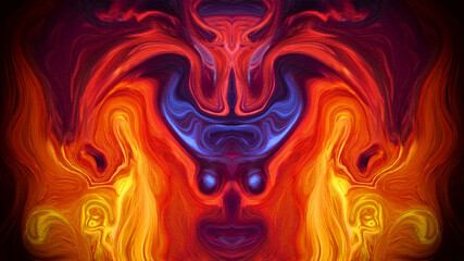 Digital illustration  (acrylic  hand drawn painting style imitation) of abstract devil with horns in fiery hell.