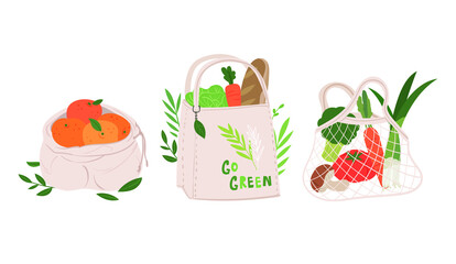 Produce bags and eco bags containing vegetables and fruits. Zero waste concept vector illustration.