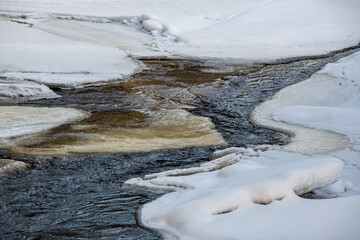 frozen river view in forest with ice and snow