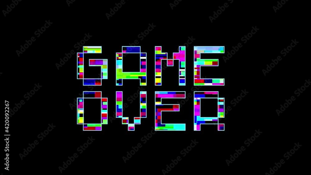 Poster retro video game screen with glitch. game over with noisy distortion. 4k video.