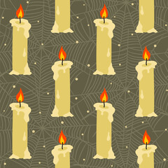 Seamless pattern with burning candles and cobwebs. Hand drawn wax candles on a dark background. Vector illustration