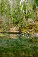 sandstone cliffs on the shore of forest river in Latvia