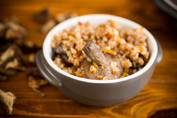 boiled buckwheat with organic forest dried mushrooms in a ceramic bowl