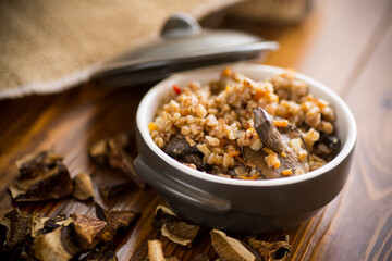 boiled buckwheat with organic forest dried mushrooms in a ceramic bowl