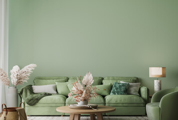 Wall mockup in modern living room design, minimal furniture with wooden home accessories on green background, 3d render