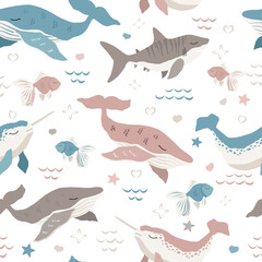 cute whales, shark and norwhal vector seamless pattern on white background 