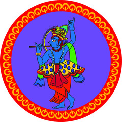 Lord Krishna Indian God of love. in Madhuni painting style on wall, Jaipur, Rajasthan