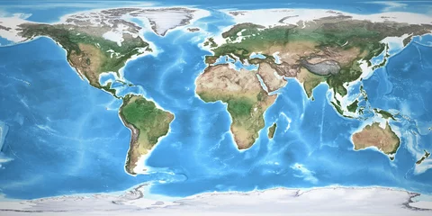 Schilderijen op glas Physical map of the World, with high resolution details. Flattened satellite view of Planet Earth, its geography and topography. 3D illustration - Elements of this image furnished by NASA © mozZz