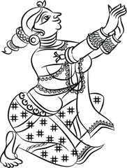 Madhubani Kalamkari Indian traditional folk art as fabrics design or pattern. beautiful Gopika or Sevika or Lord Krishnas lady servants
